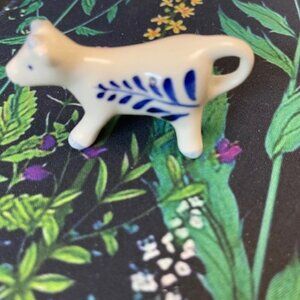 Vintage Miniature Delft Blue Hand Painted Porcelain Cow 2.25" long x 1" tall